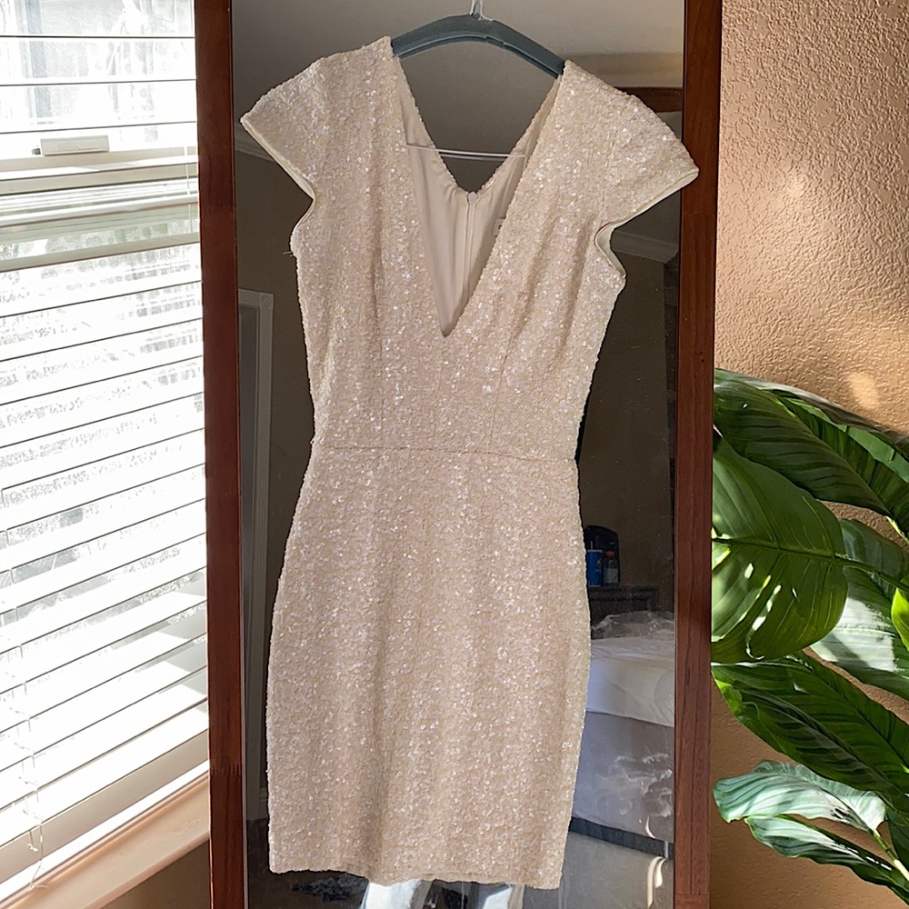 Dress the population sequin white mini dress XS